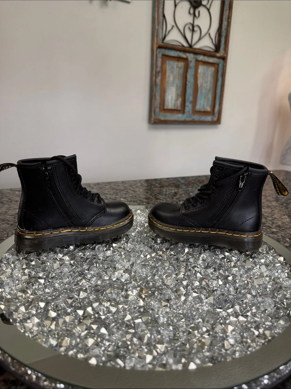 Dr. Martens Black Leather Lace-Up Boots with Yellow Accents EUC 7 toddler